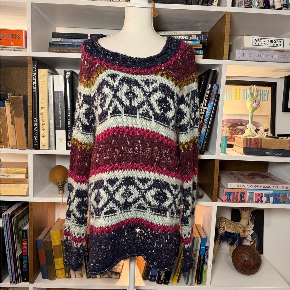 Free people Multicolor Knit Sweater with Pink and Navy Accents